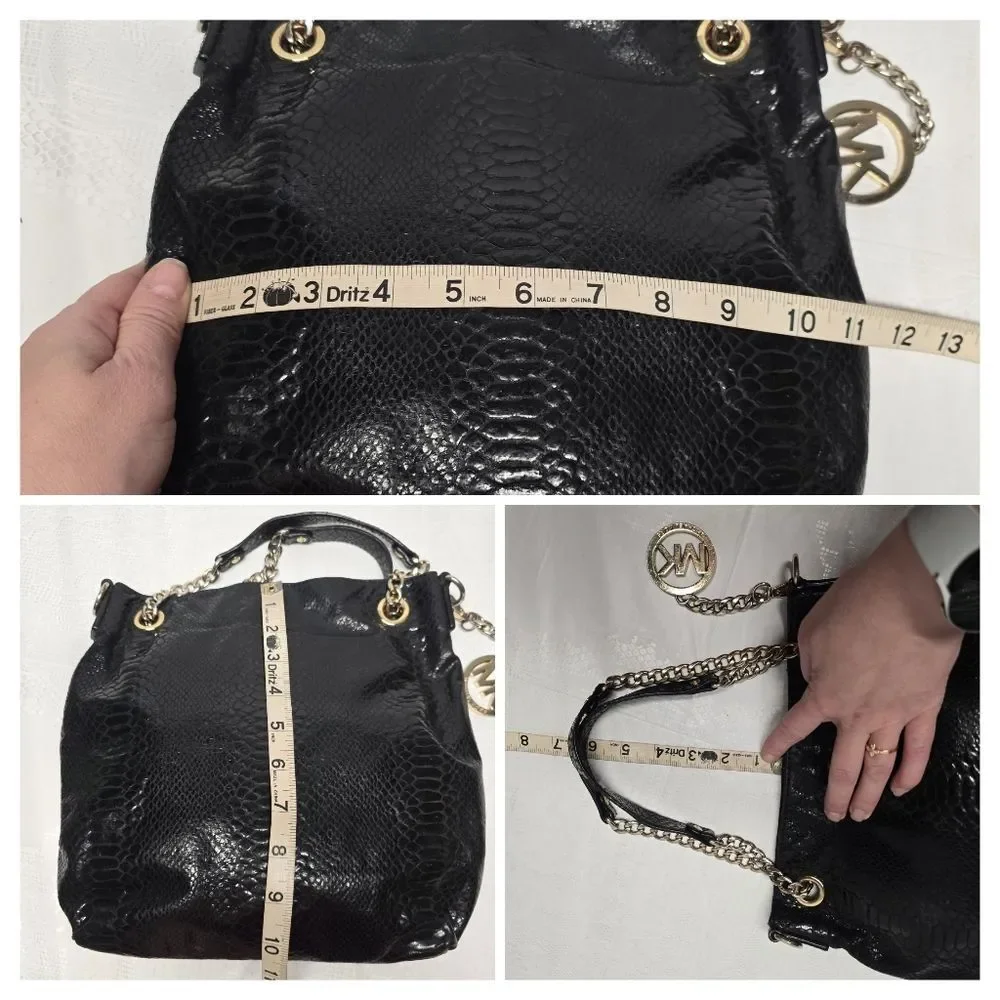 Michael Kors Python Snakeskin Embossed Leather Black Chain Hand Bag Boho Chic